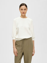 Selected Femme Tenny collegepaita - luonnonvalkoinen - naisten lyhyt pusero - volyymihihat - muoti - IHANA Store - lifestyle